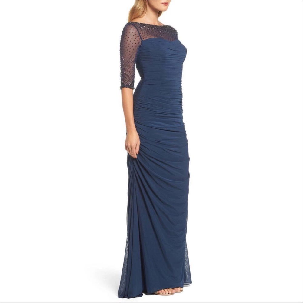 La Femme Navy Ruched Rhinestone Shoulder Gown - Picture 3 of 13